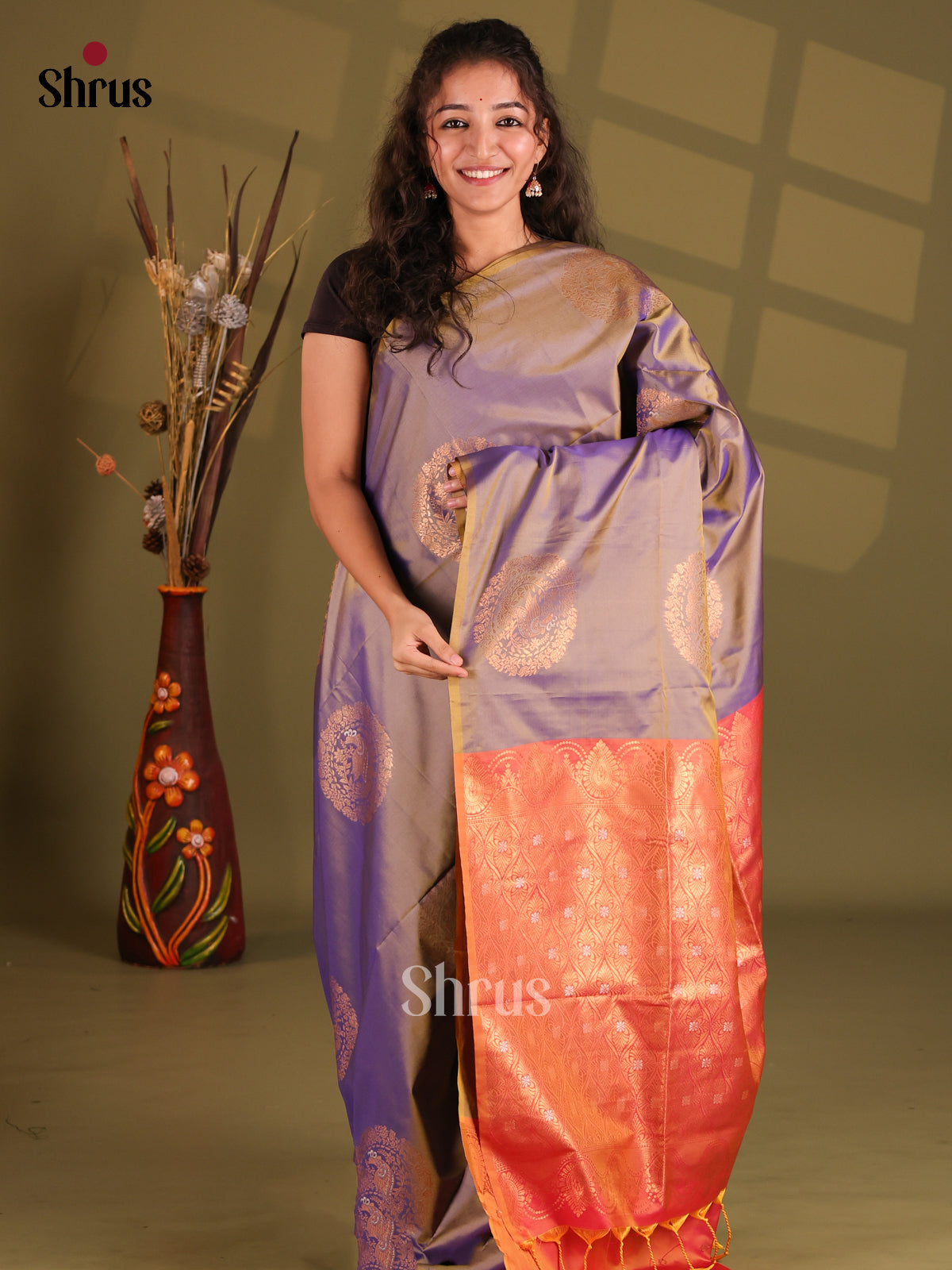 Violet & Orangish Pink - Semi Softsilk Saree - Shop on Shrus.com