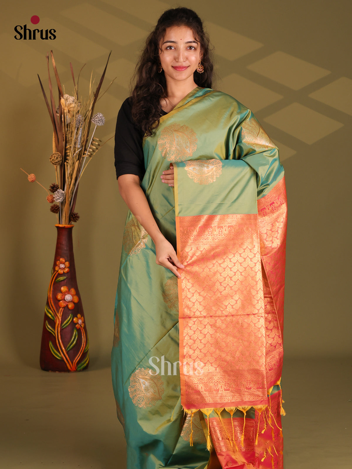 Green & Orange - Semi Softsilk Saree - Shop on Shrus.com
