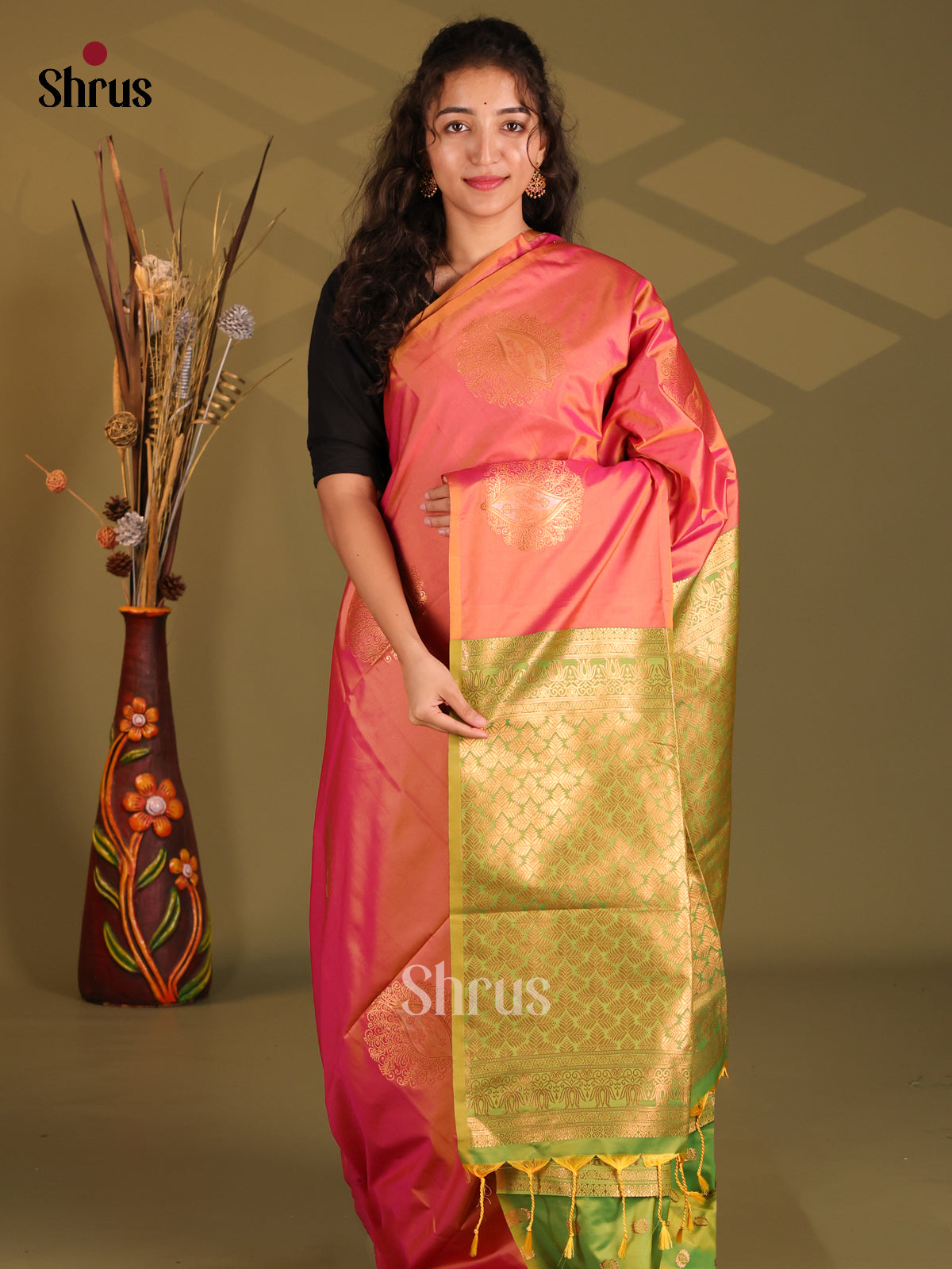 Orangish Pink & Green - Semi Softsilk Saree - Shop on Shrus.com