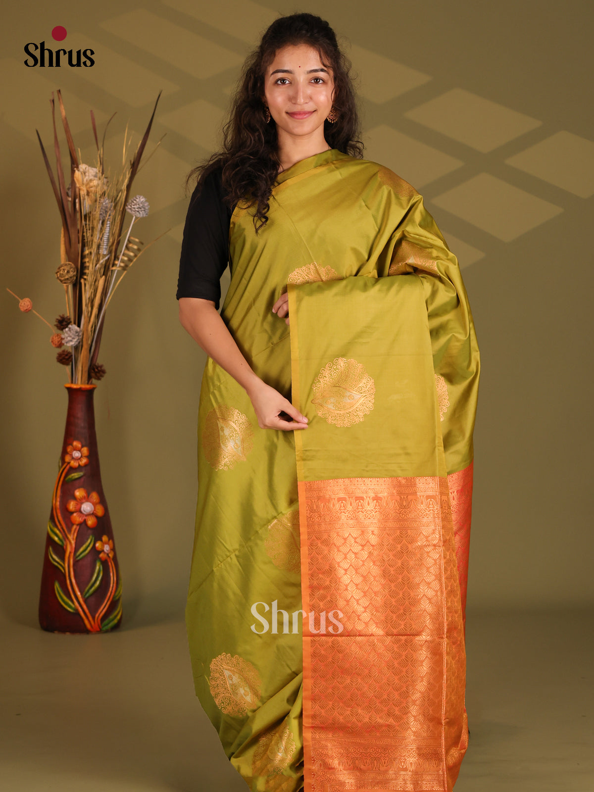 Green & Orange- Semi Softsilk Saree - Shop on Shrus.com