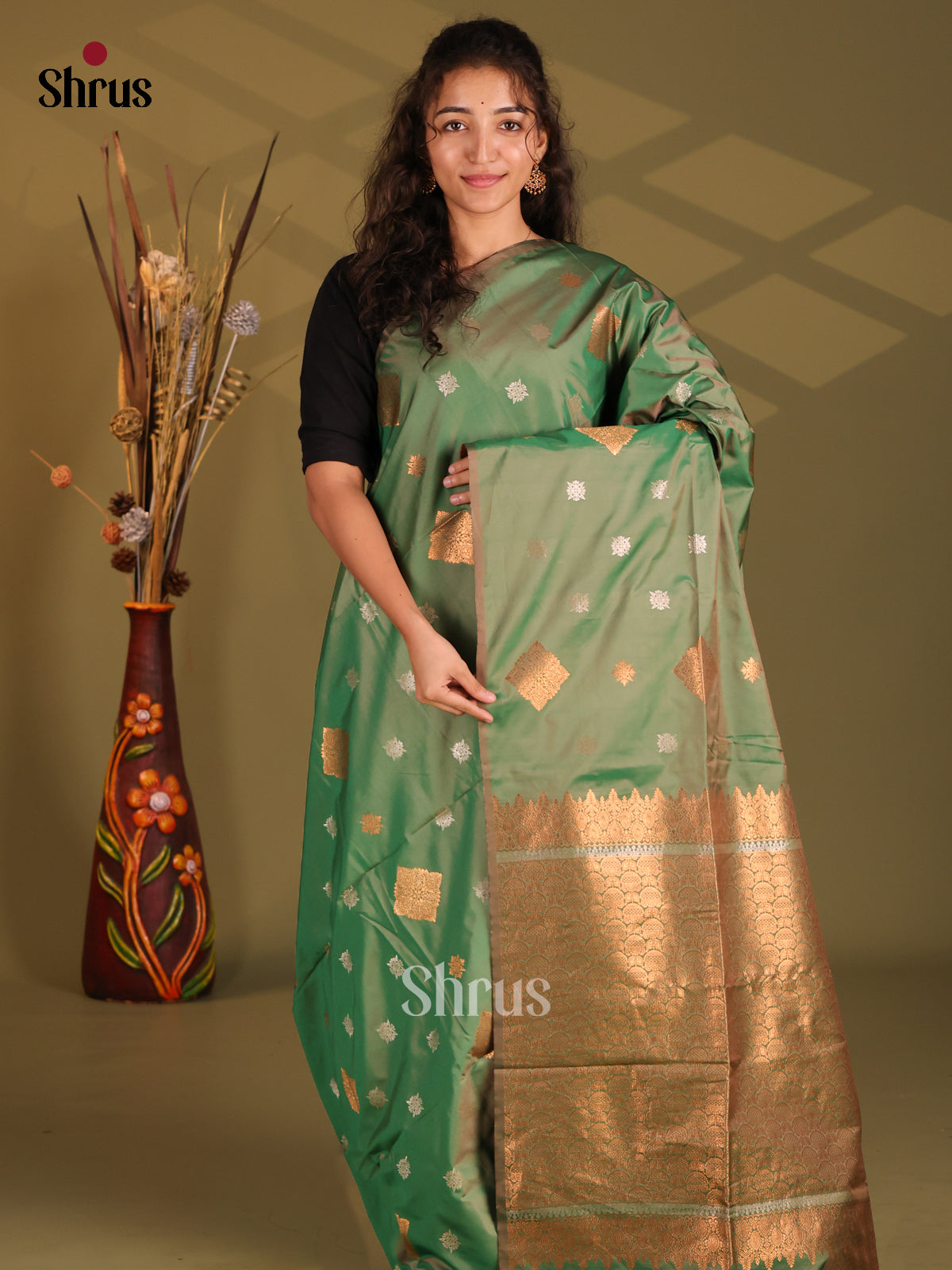 Green - Semi Softsilk Saree - Shop on Shrus.com