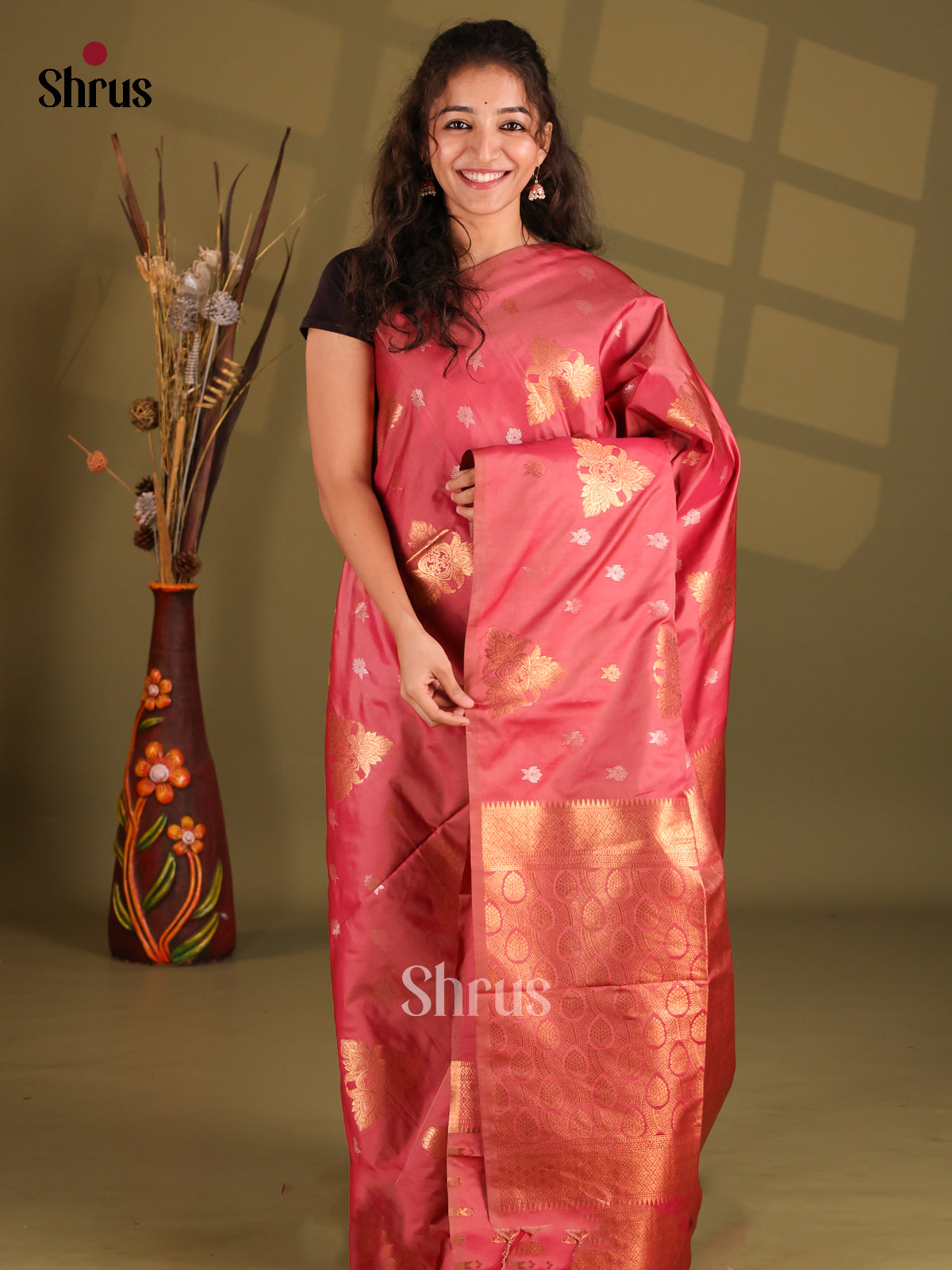 Red - Semi Softsilk Saree - Shop on Shrus.com