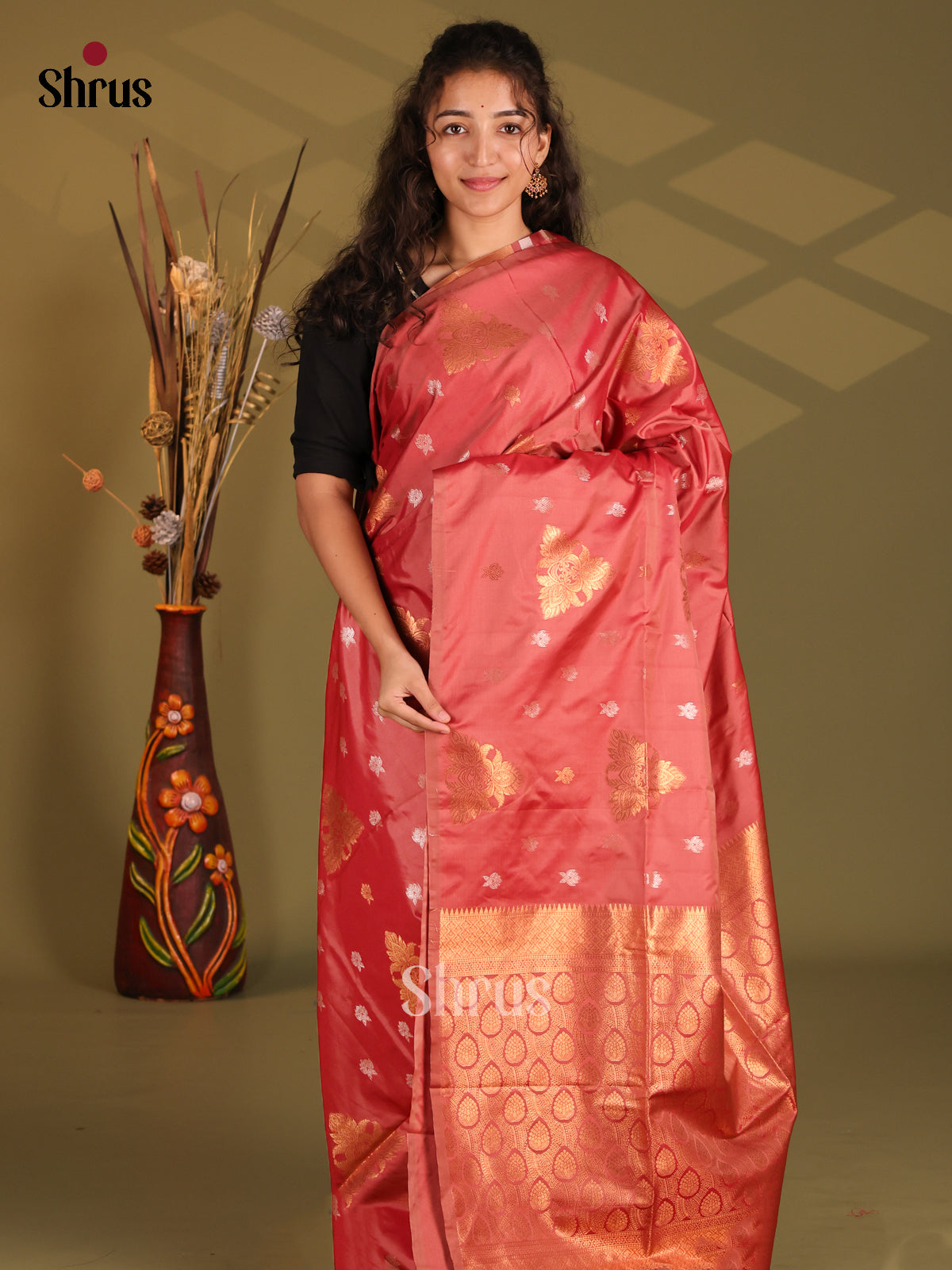Red - Semi Softsilk Saree - Shop on Shrus.com