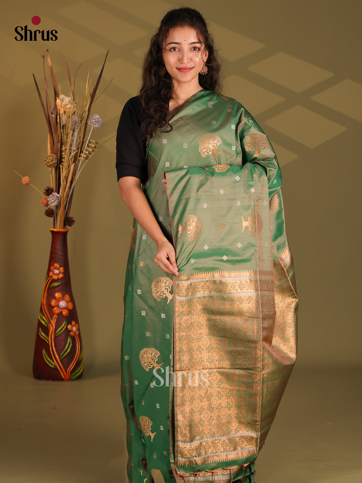 Green - Semi Softsilk Saree - Shop on Shrus.com
