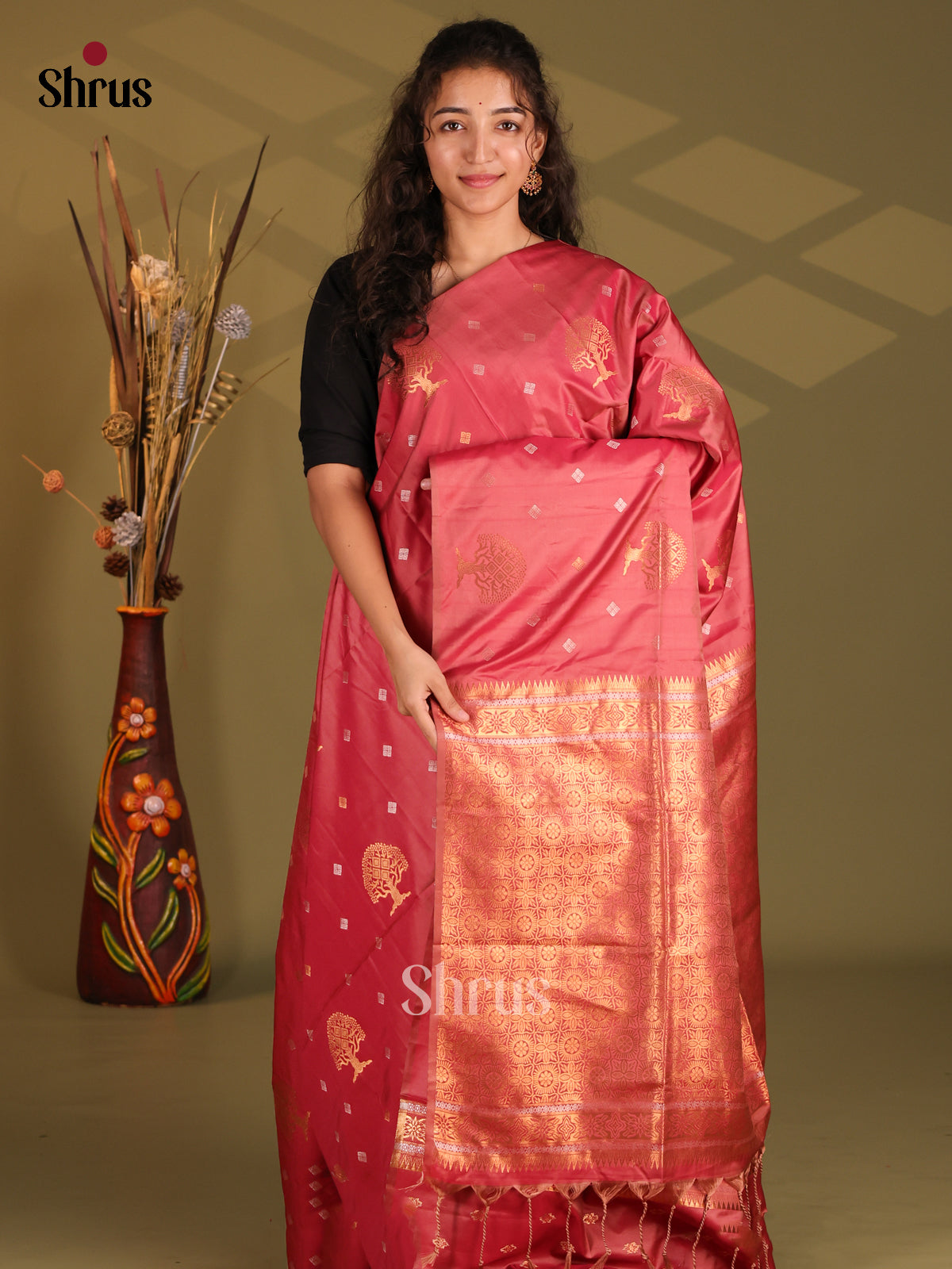 Red - Semi Softsilk Saree - Shop on Shrus.com