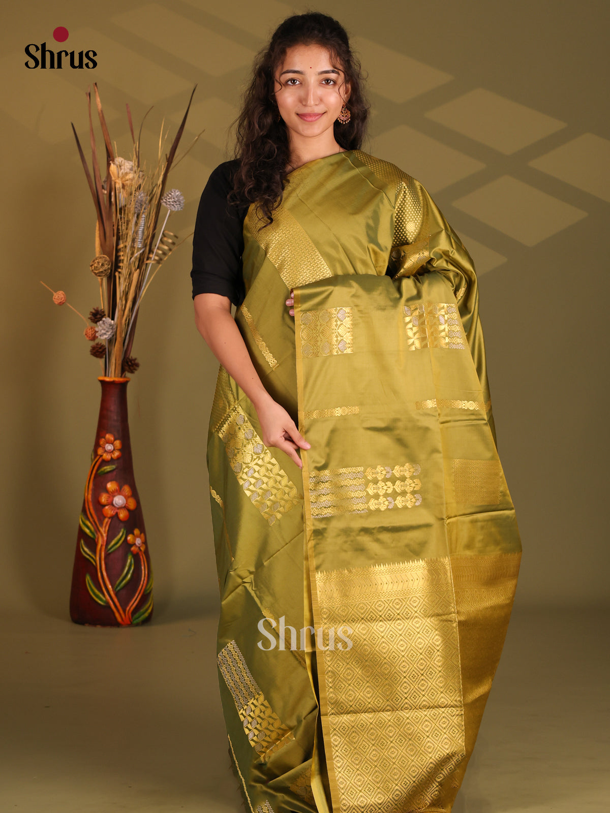 Olive Green - Semi Softsilk Saree - Shop on Shrus.com