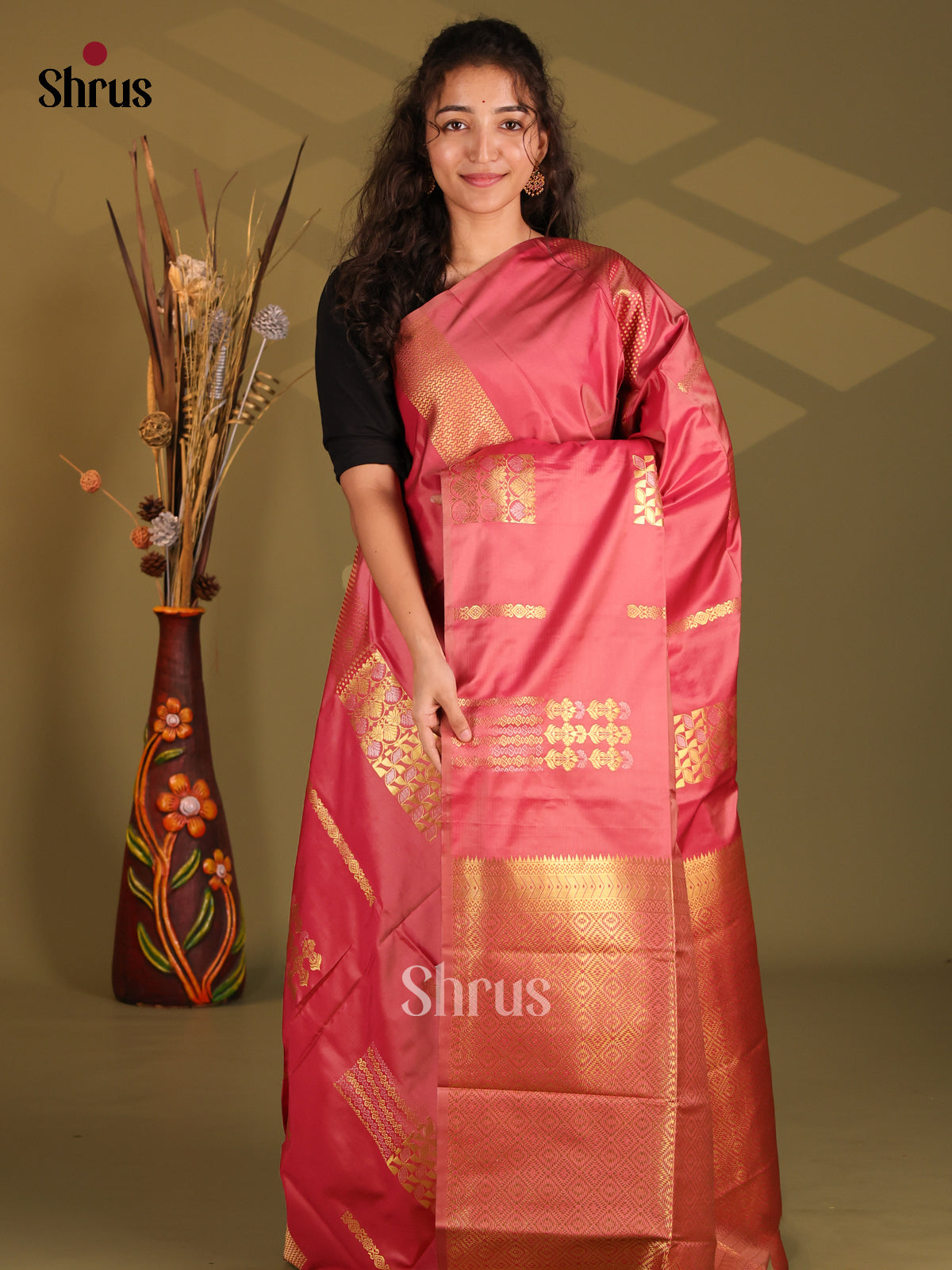 Red - Semi Softsilk Saree - Shop on Shrus.com