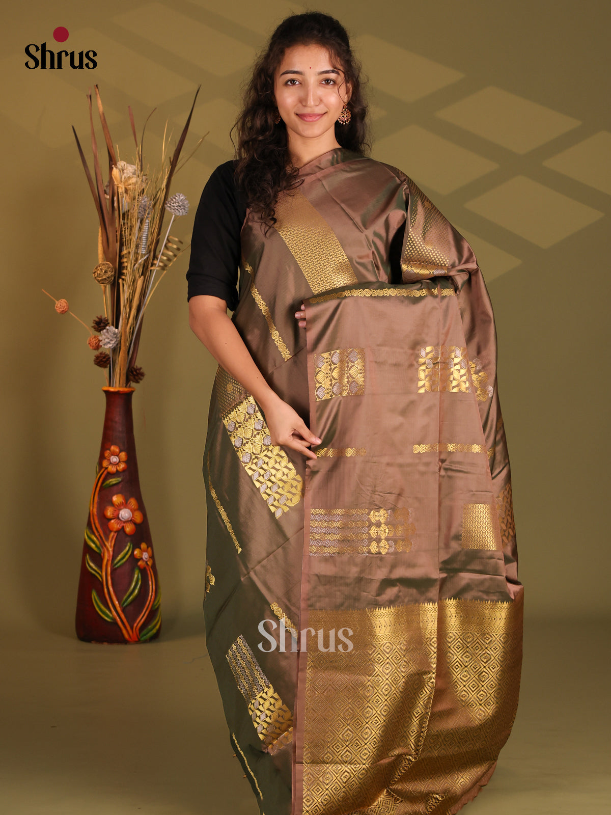 Brown - Semi Softsilk Saree - Shop on Shrus.com