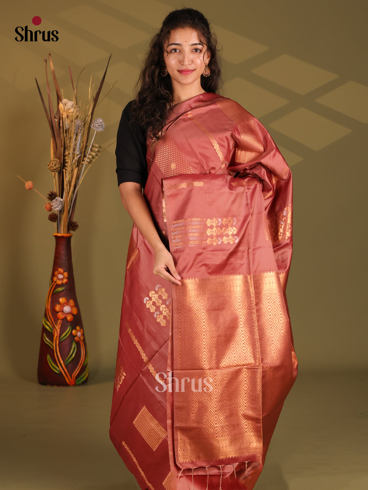 Brown- Semi Softsilk Saree - Shop on Shrus.com