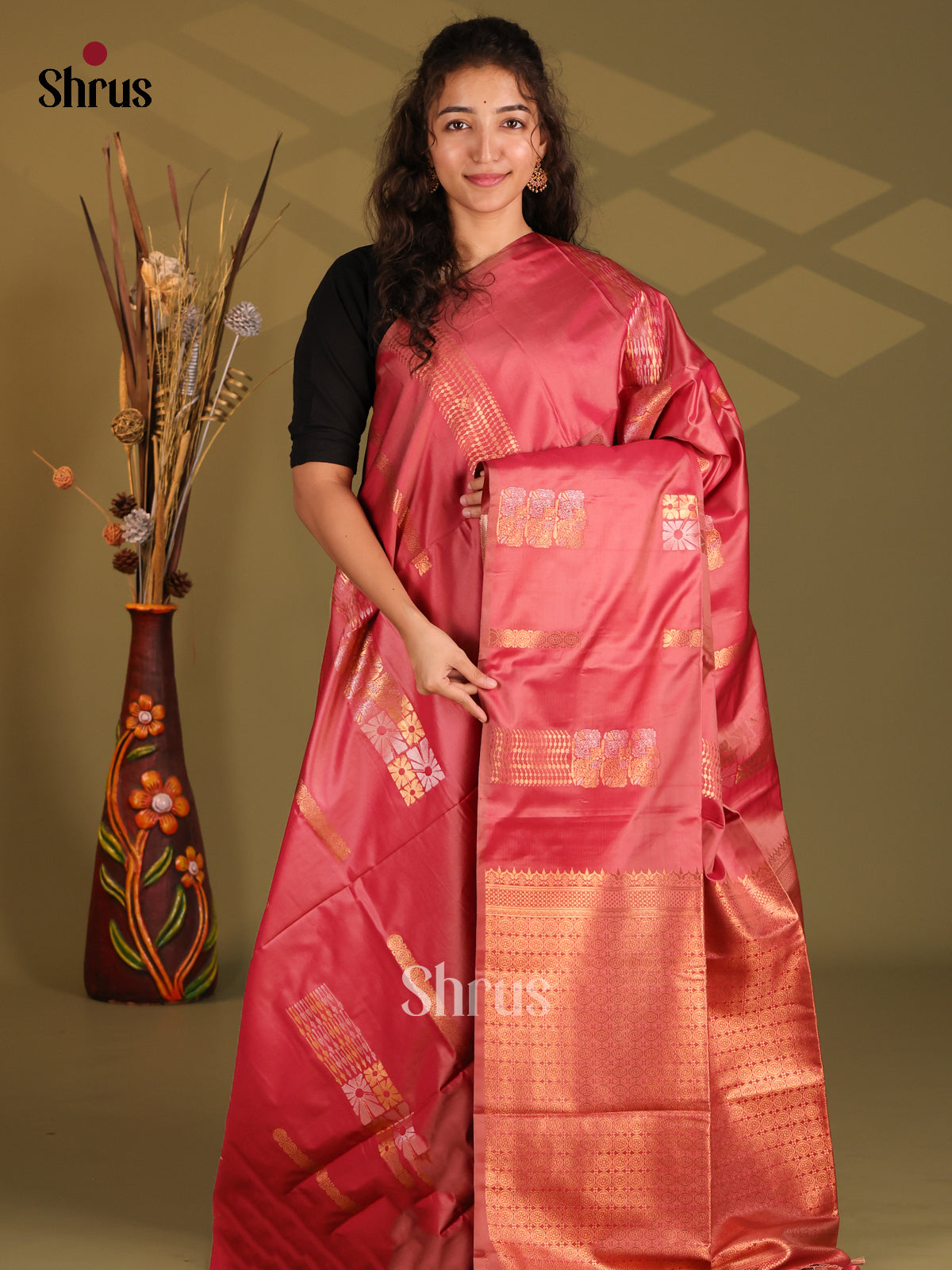 Maroon - Semi Softsilk Saree - Shop on Shrus.com