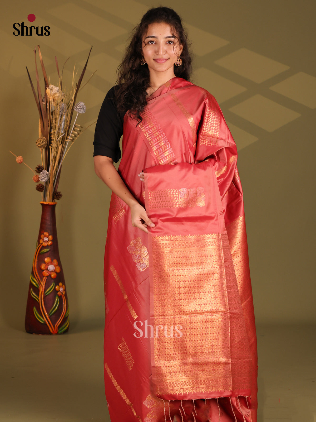Red - Semi Softsilk Saree - Shop on Shrus.com