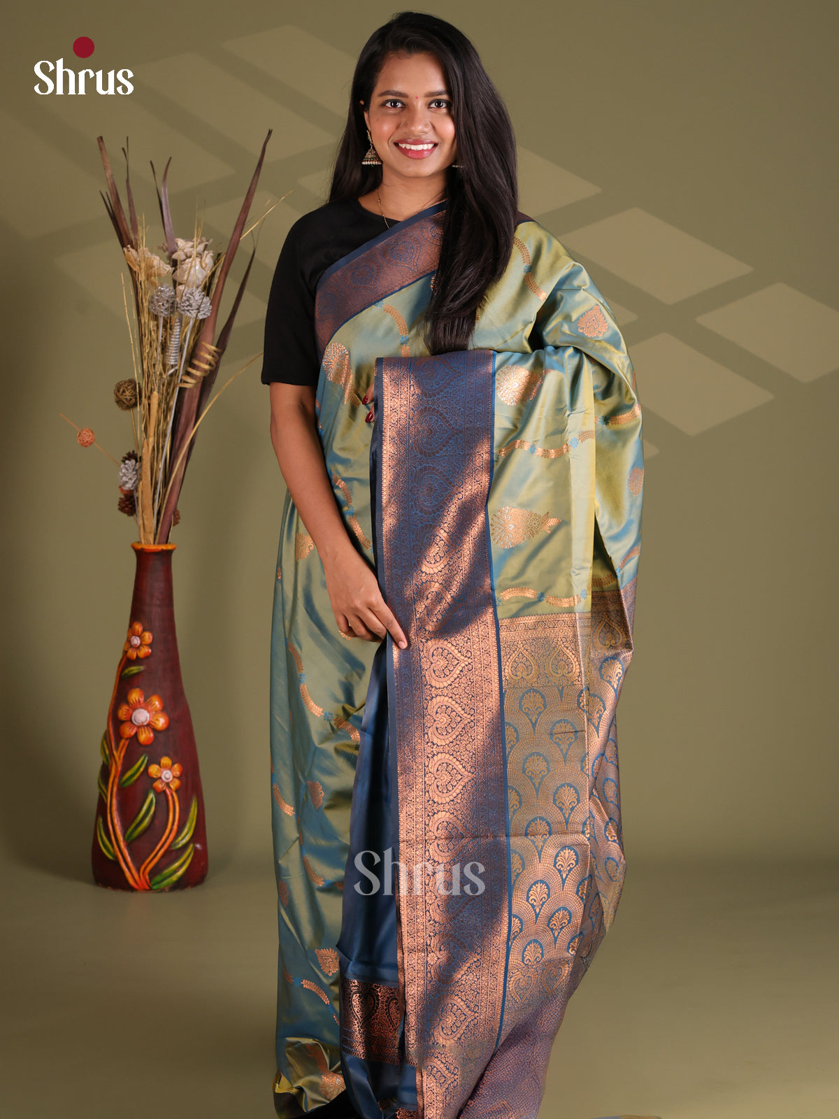 Green & Blue - Semi Softsilk Saree - Shop on Shrus.com
