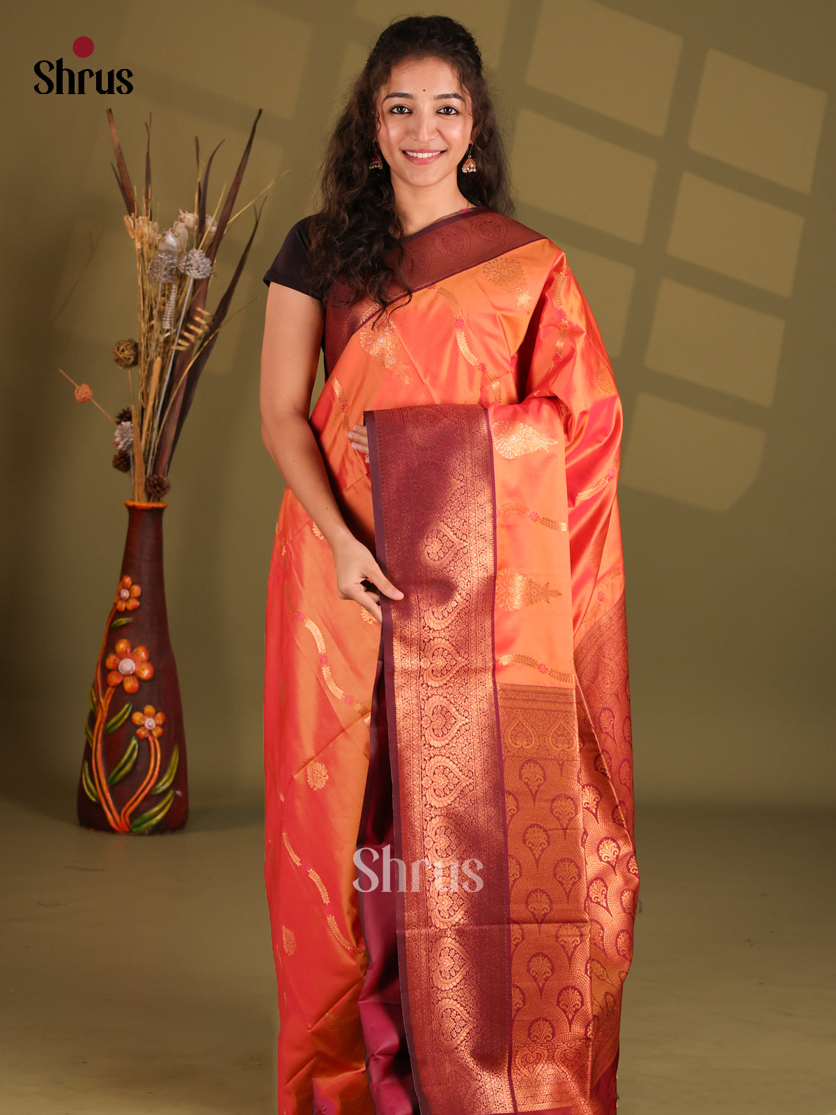 Orange & Maroon - Semi Softsilk Saree - Shop on Shrus.com