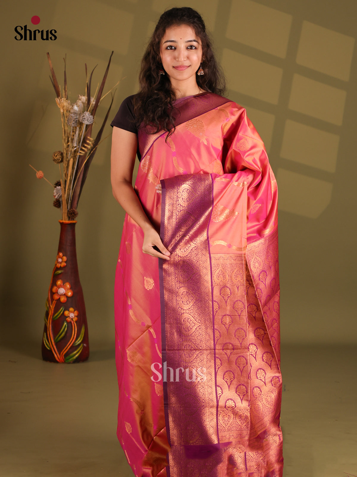 Orangish Pink & Purple - Semi Softsilk Saree - Shop on Shrus.com