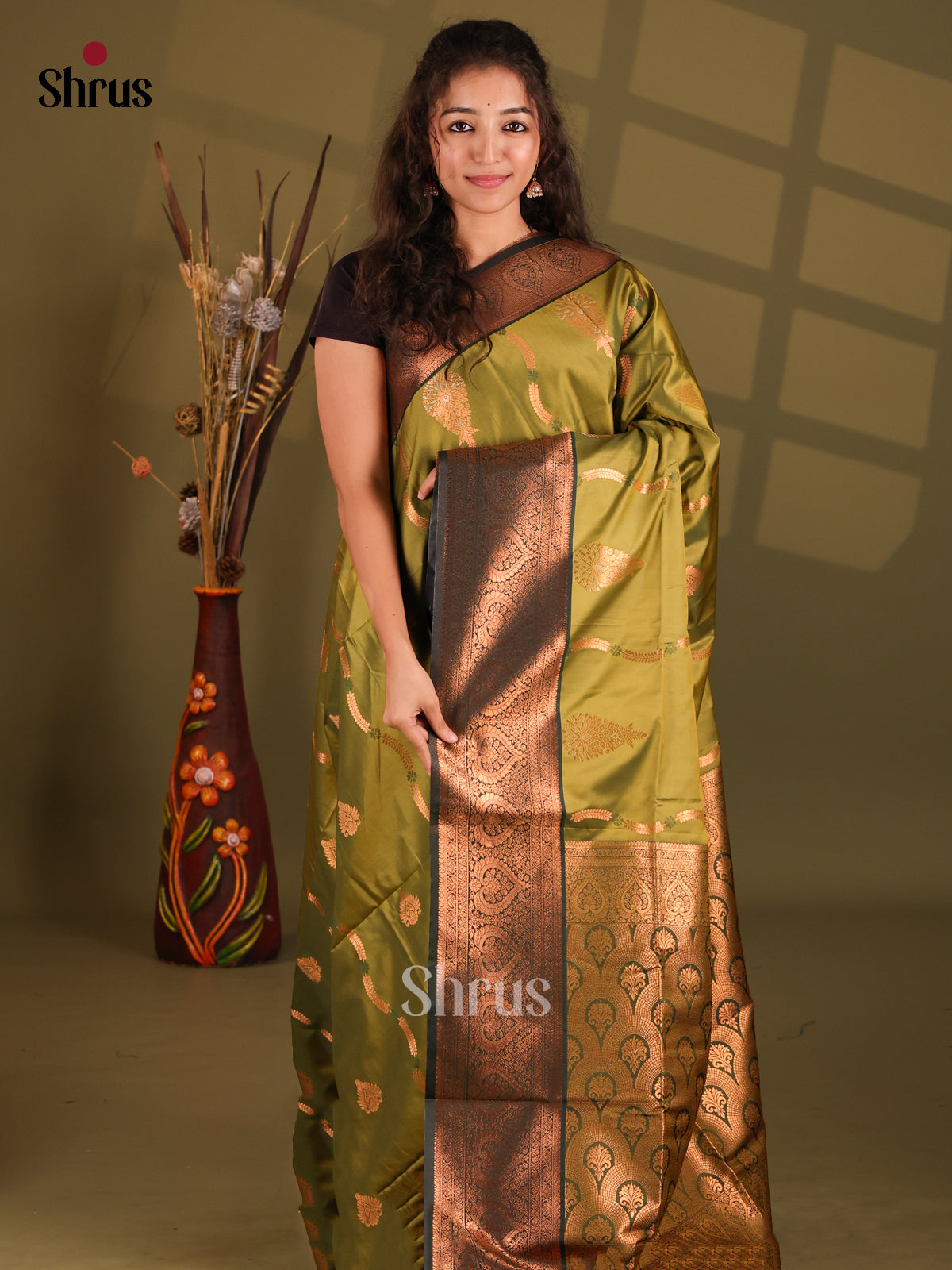 Mehandi Green & Green - Semi Softsilk Saree - Shop on Shrus.com