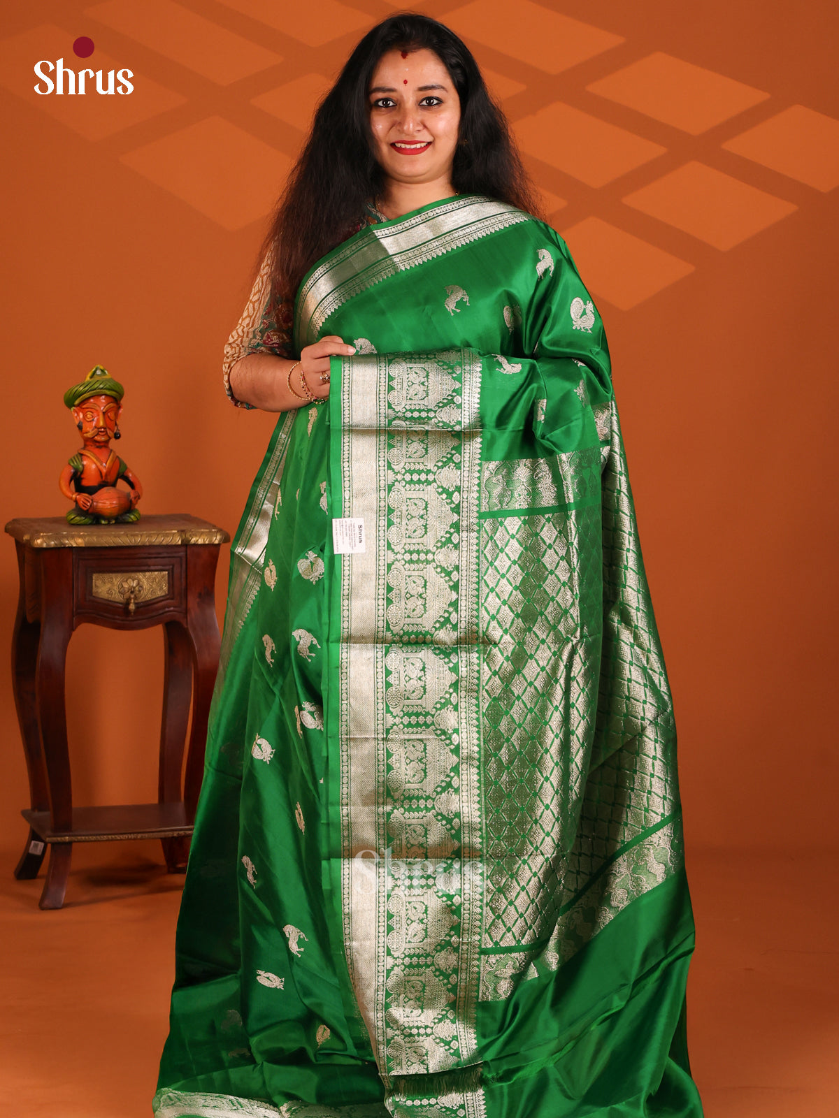 Classic Green Venkatagiri silk Saree gleams with horse, peacock buttis, self brocade pallu - Shop on Shrus.com