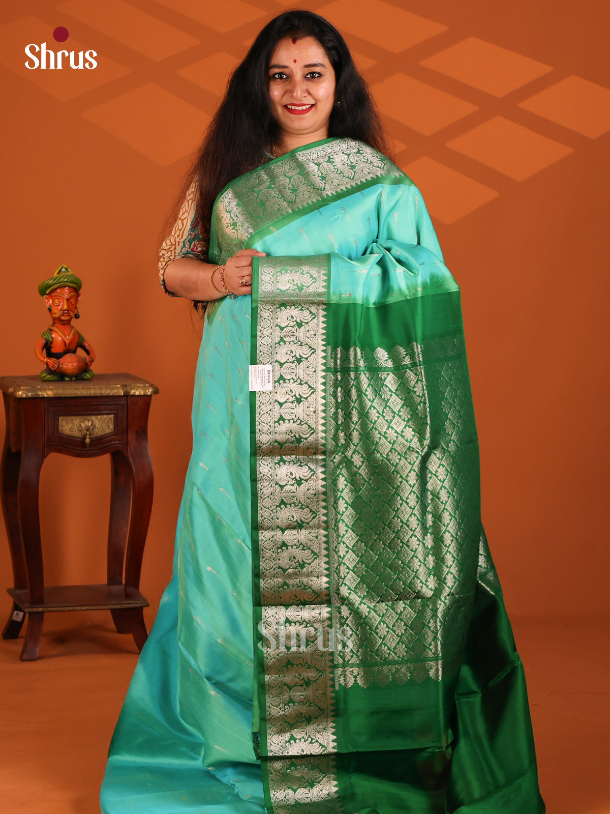 Celestial Sky Blue Venkatagiri silk Saree with stripes buttis , contrast green brocade pallu - Shop on Shrus.com