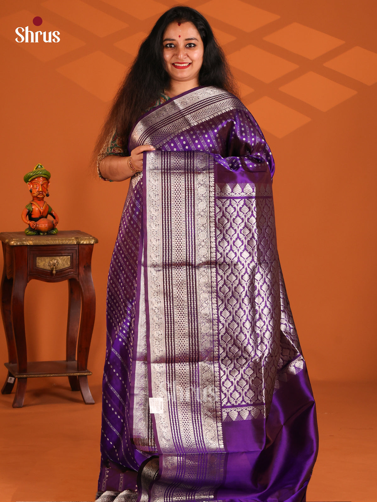 Royal Violet Venkatagiri silk Saree gleams with zari buttis, stripes, self zari border - Shop on Shrus.com