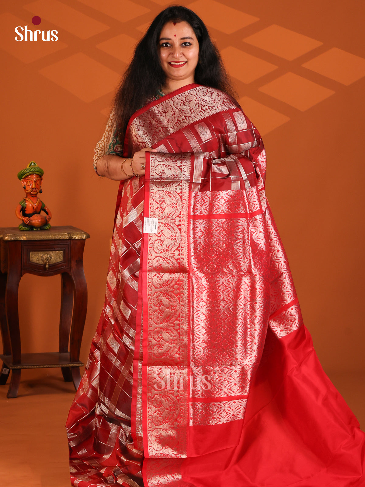 Timeless Red Venkatagiri Silk Saree with Zari-Checked Body and Brocade Pallu - Shop on Shrus.com