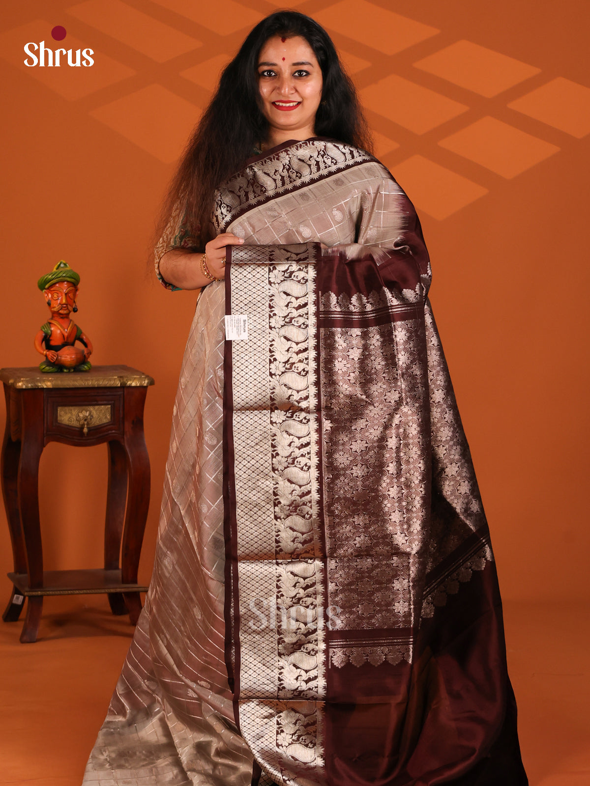 Elegant Grey Venkatagiri silk Saree with zari checks, butta & brown brocade pallu - Shop on Shrus.com