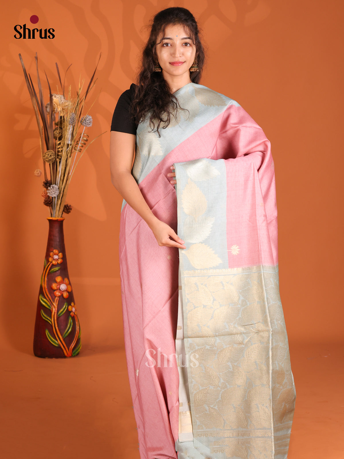 Dusty Pink & Grey - Semi Tussar Saree - Shop on Shrus.com