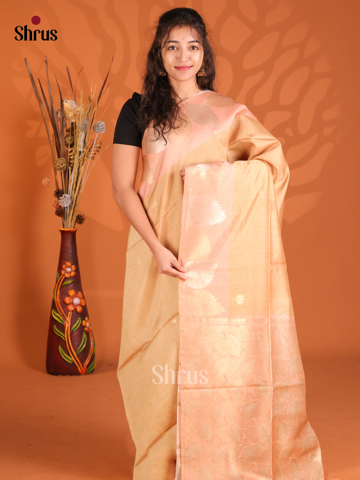 Chikoo & Peach - Semi Tussar Saree - Shop on Shrus.com
