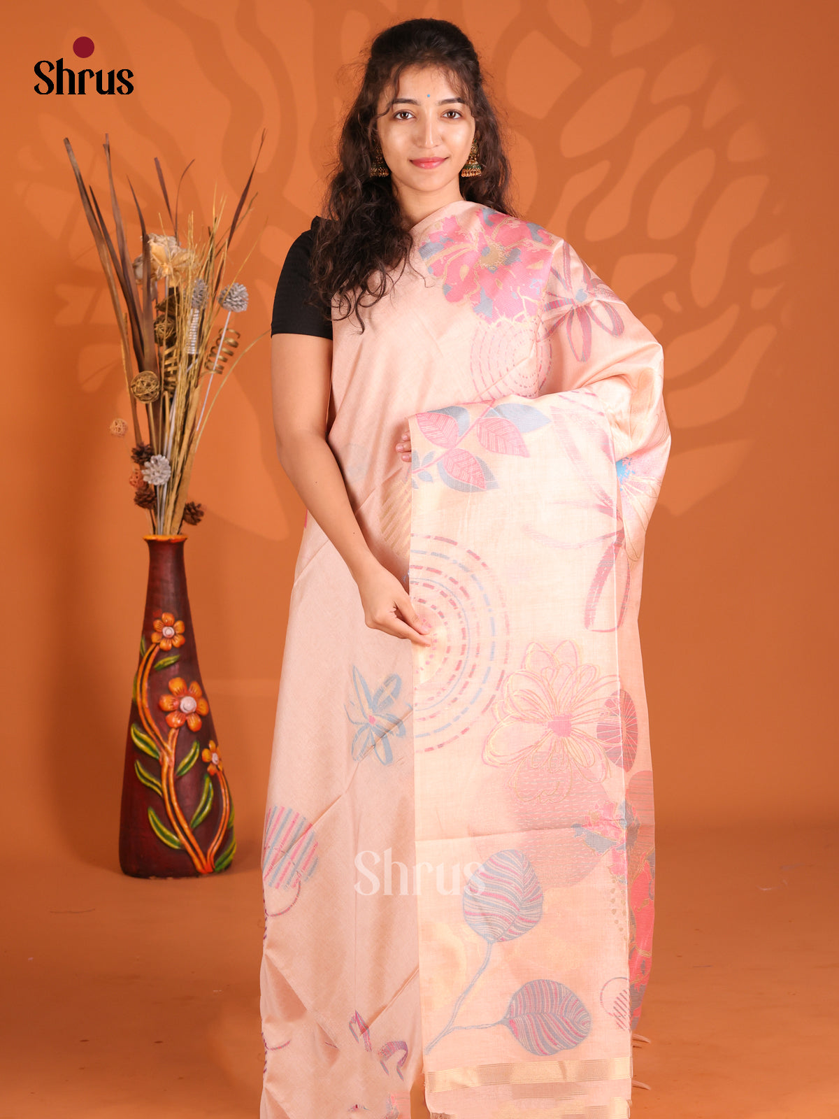 Pastel Peach - Semi Tussar Saree - Shop on Shrus.com