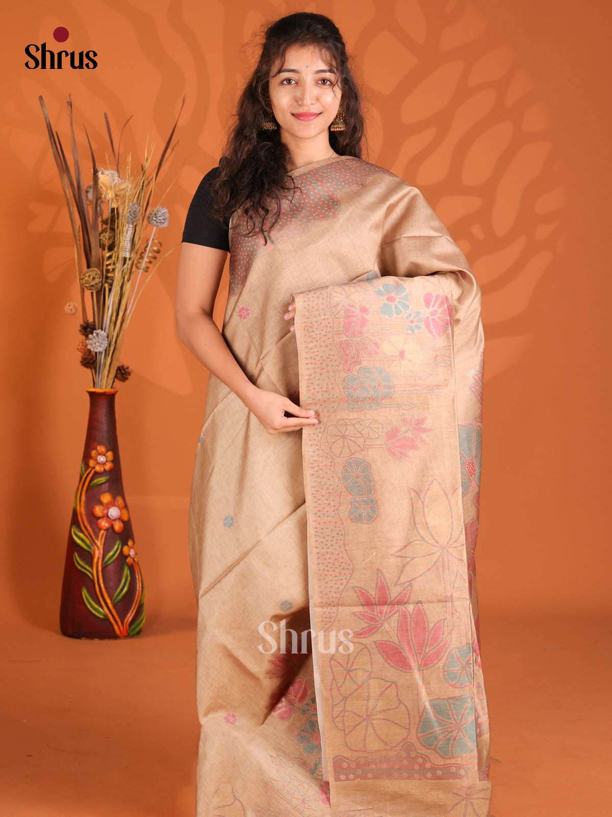 Light Brown - Semi Tussar Saree - Shop on Shrus.com