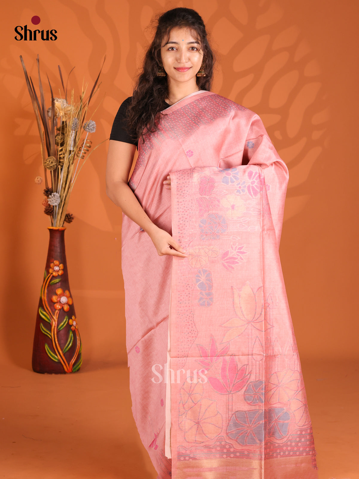 Dusty Pink- Semi Tussar Saree - Shop on Shrus.com