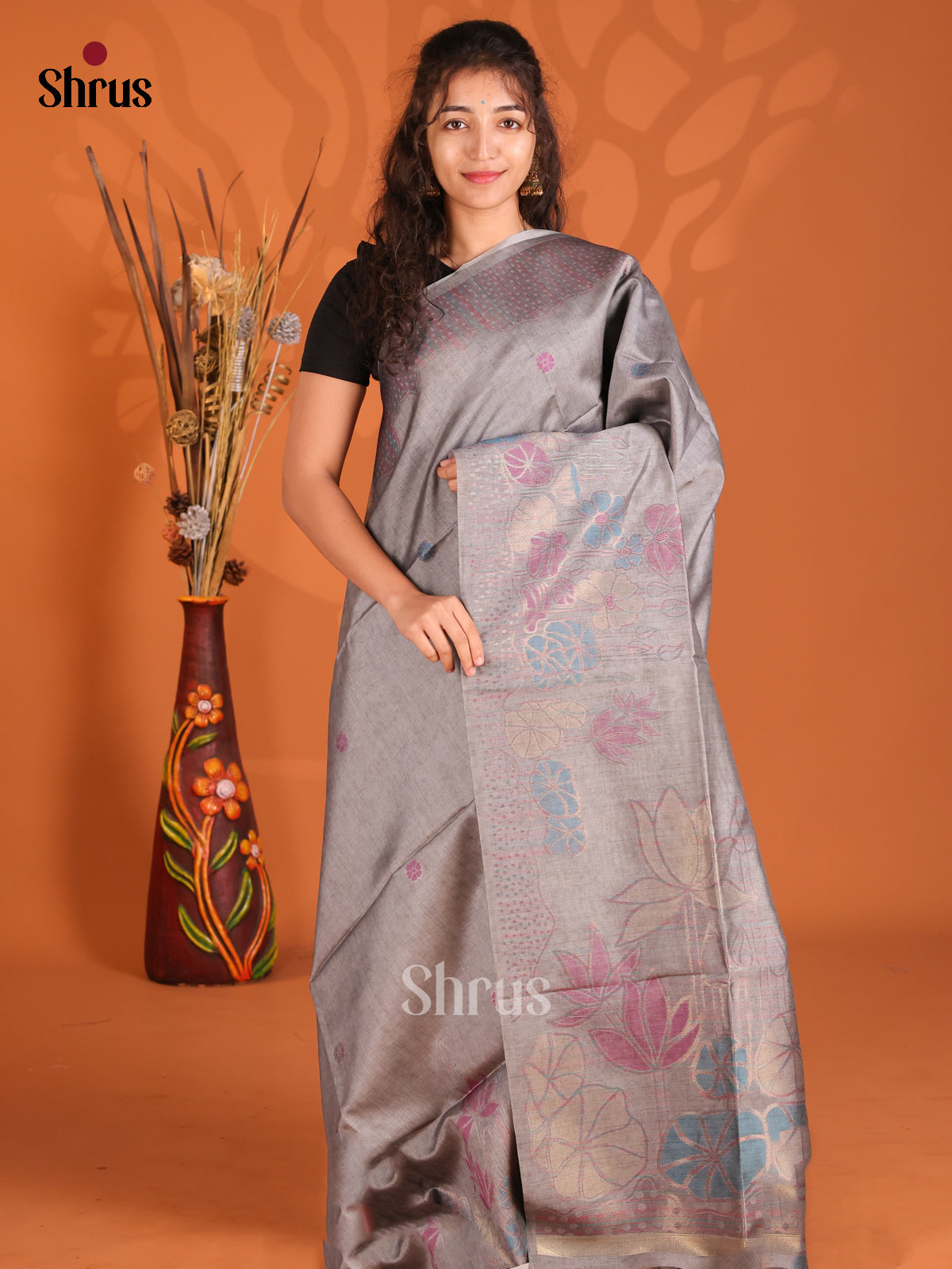 Grey - Semi Tussar Saree - Shop on Shrus.com