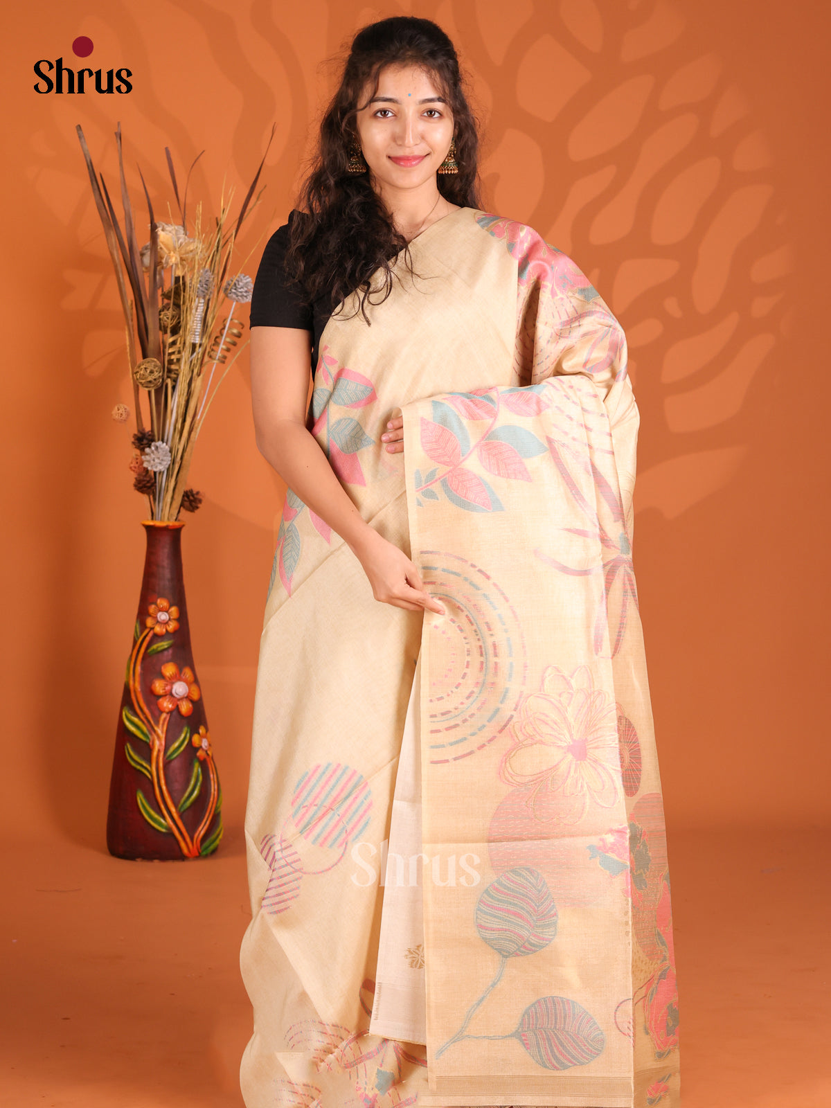 Peach- Semi Tussar Saree - Shop on Shrus.com