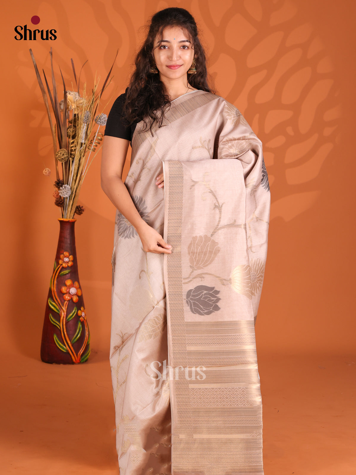 Grey - Semi Tussar Saree - Shop on Shrus.com