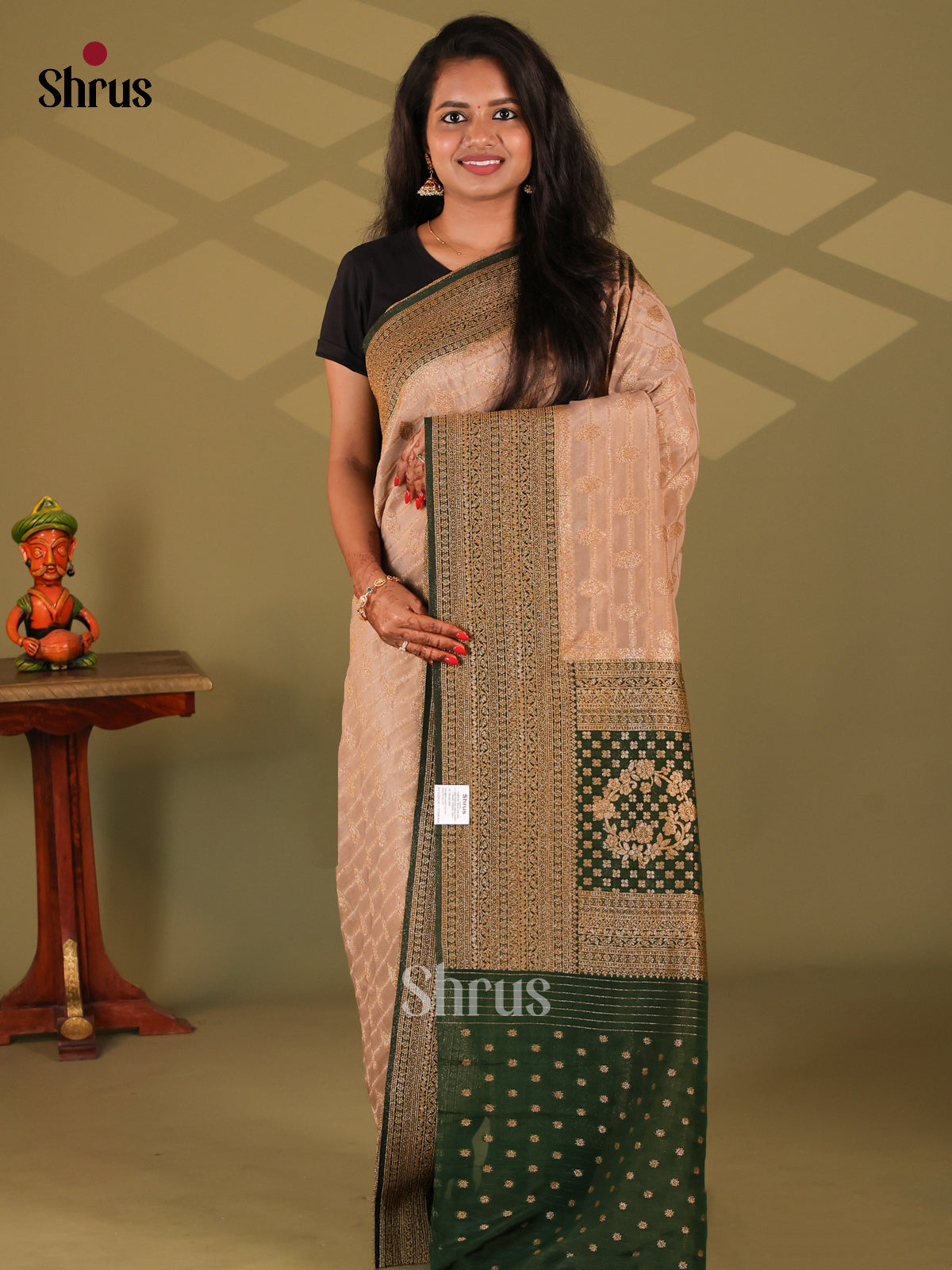 Beige & Green - Semi Georgette Saree - Shop on Shrus.com