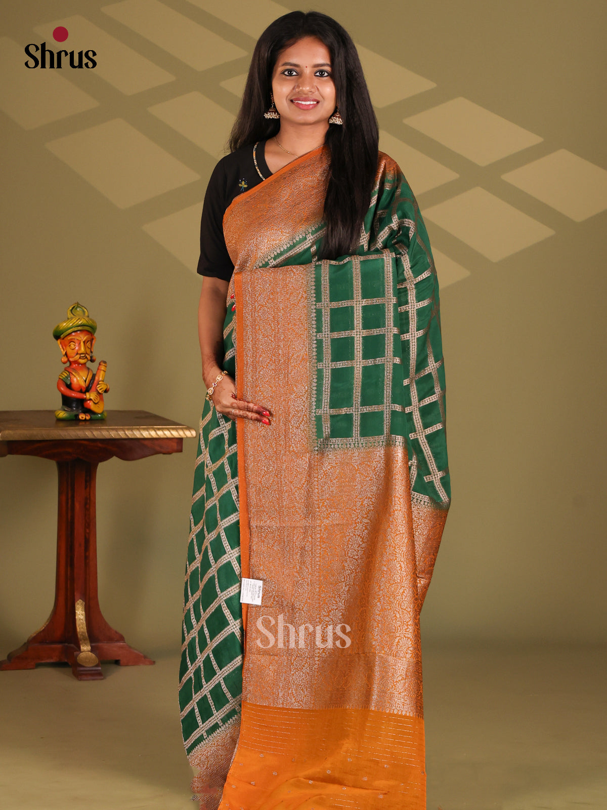 Green & Orange - Semi Georgette Saree - Shop on Shrus.com