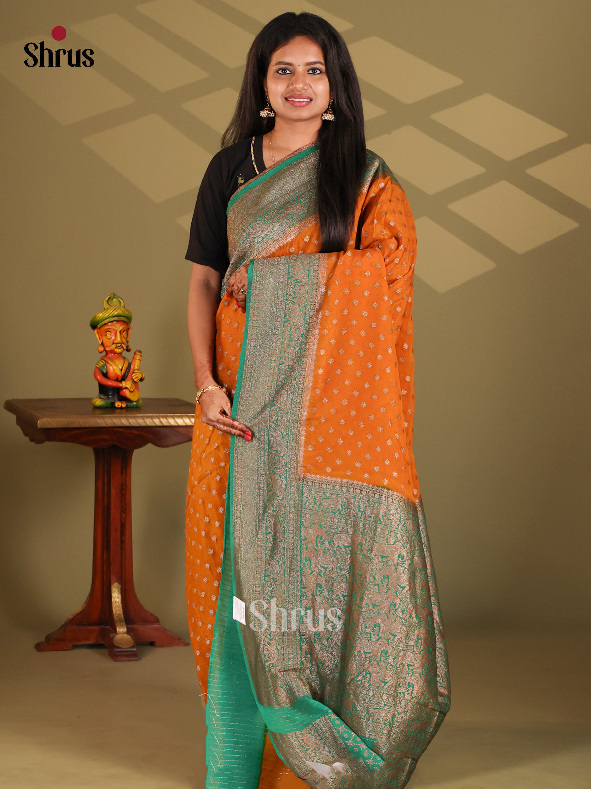 Orange & Green- Semi Georgette Saree - Shop on Shrus.com