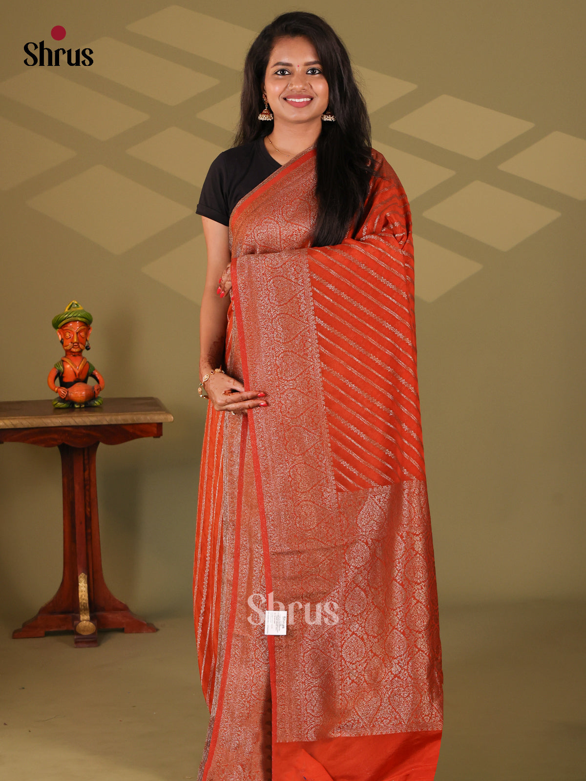Brick Orange(Single Tone) - Semi Georgette Saree - Shop on Shrus.com