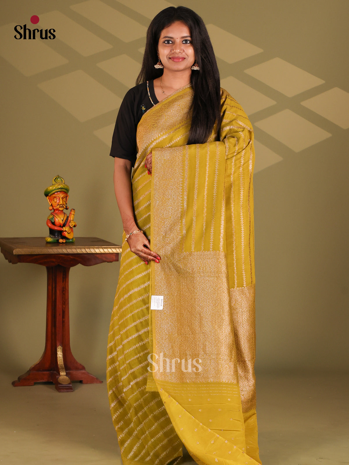Mustardy Green(Single Tone) - Semi Georgette Saree - Shop on Shrus.com