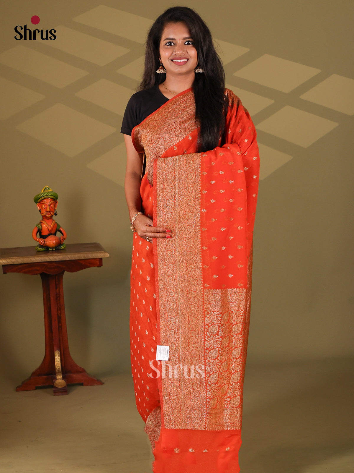 Orange(Single Tone) - Semi Georgette Saree - Shop on Shrus.com