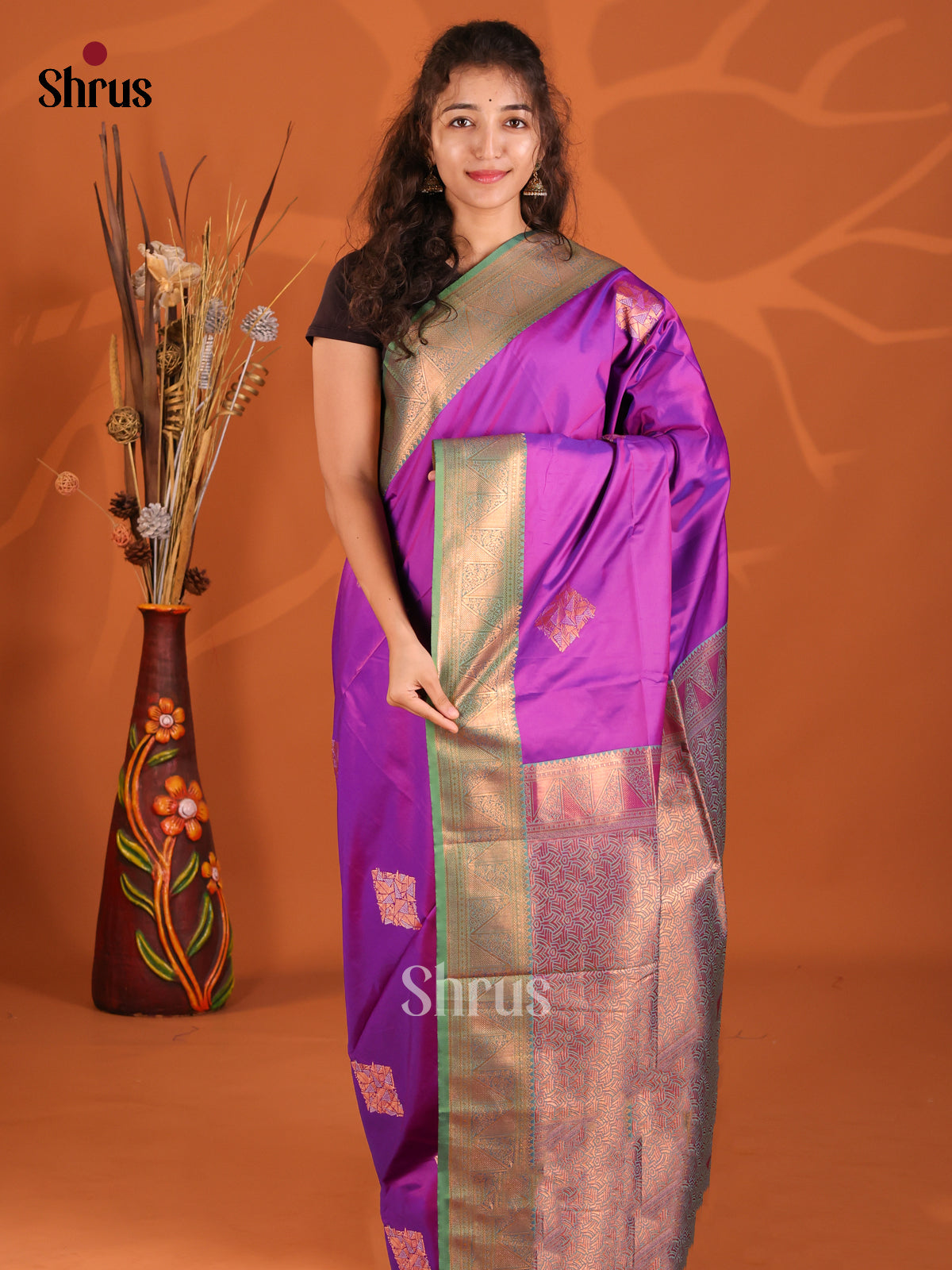 Purple & Green - Semi Softsilk saree - Shop on Shrus.com