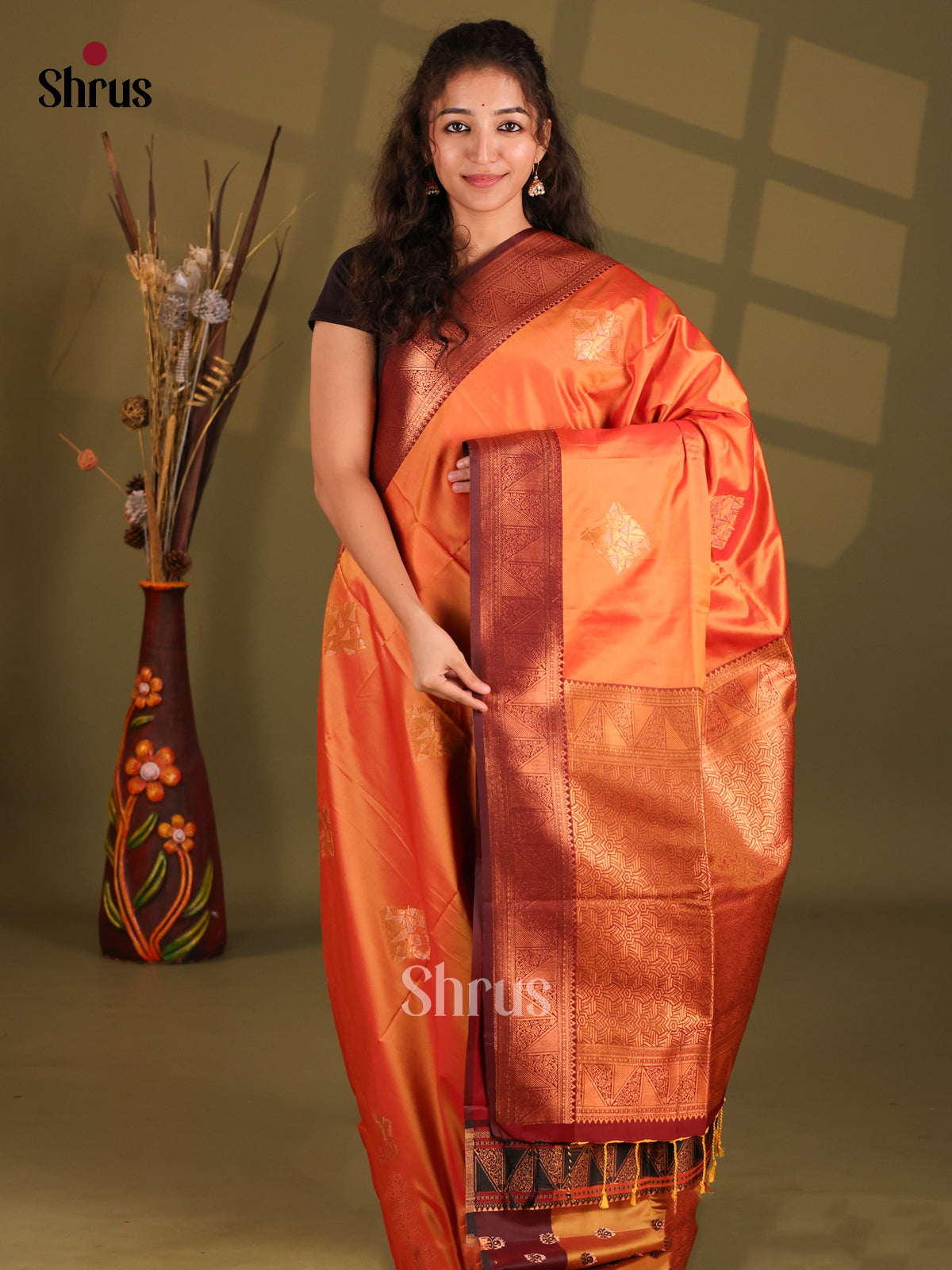 Orange & Brown - Semi Softsilk Saree - Shop on Shrus.com