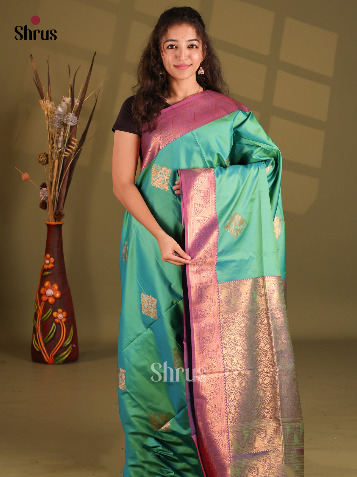 Green & Purple - Semi Softsilk Saree - Shop on Shrus.com