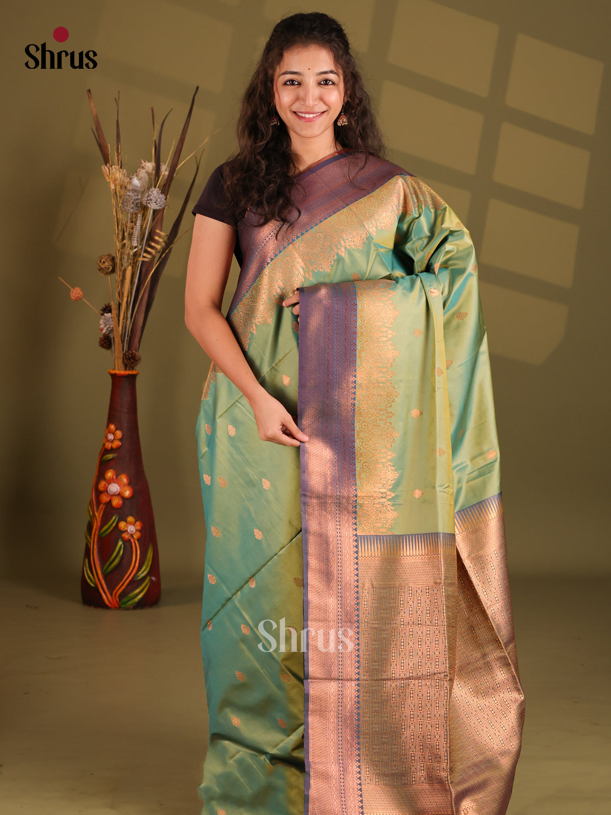 Green & Blue - Semi Softsilk Saree - Shop on Shrus.com