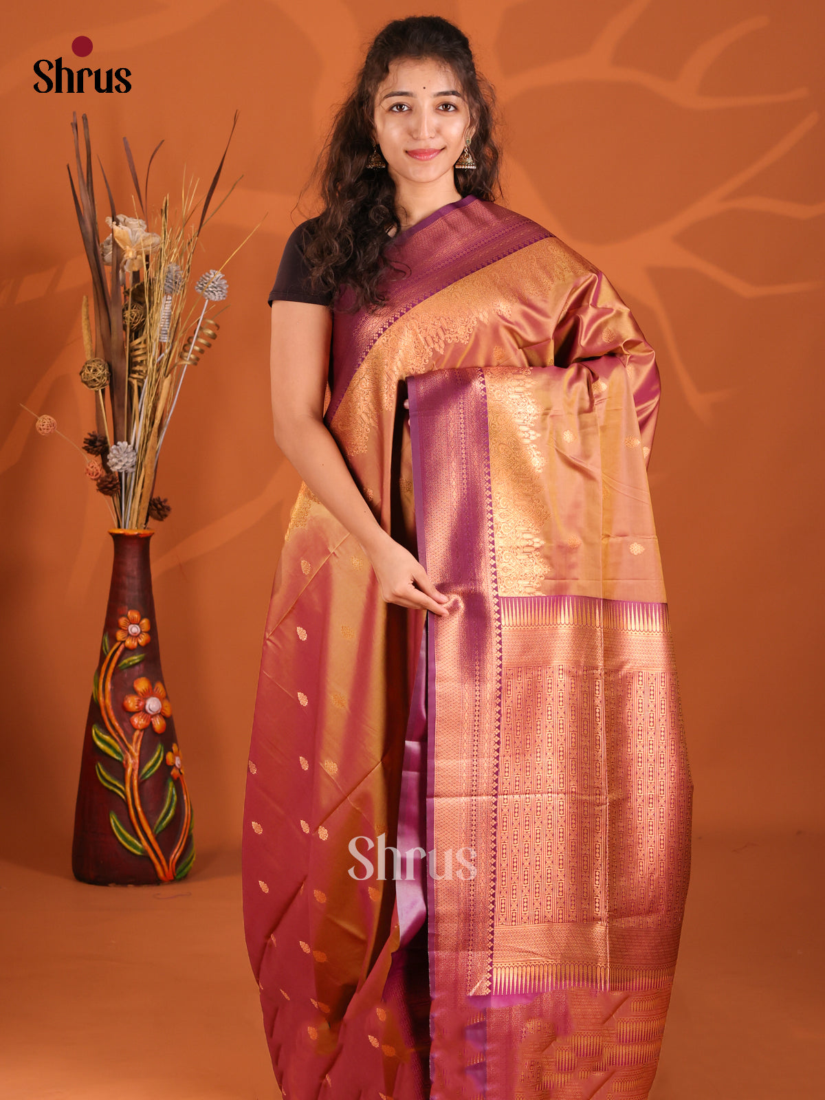 Dark Mustard & Purple - Semi Softsilk Saree - Shop on Shrus.com