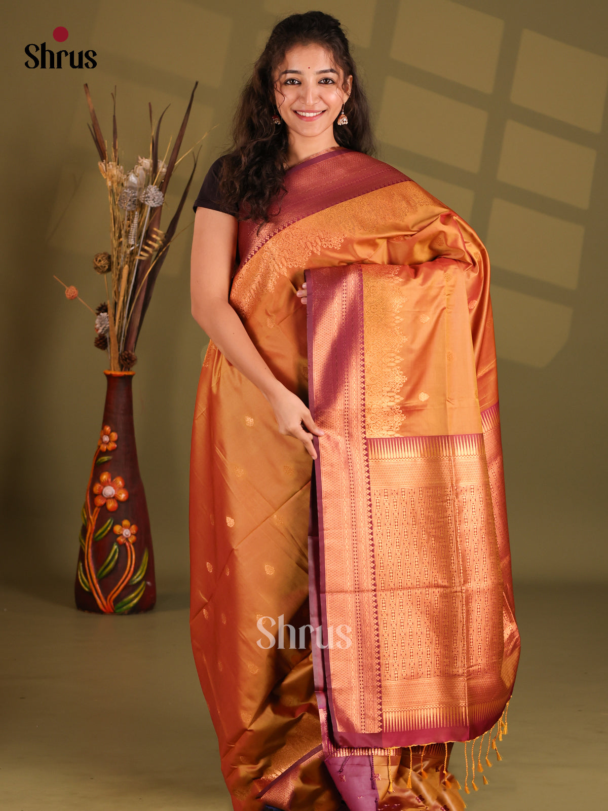 Dark Mustard & Maroon- Semi Softsilk Saree - Shop on Shrus.com