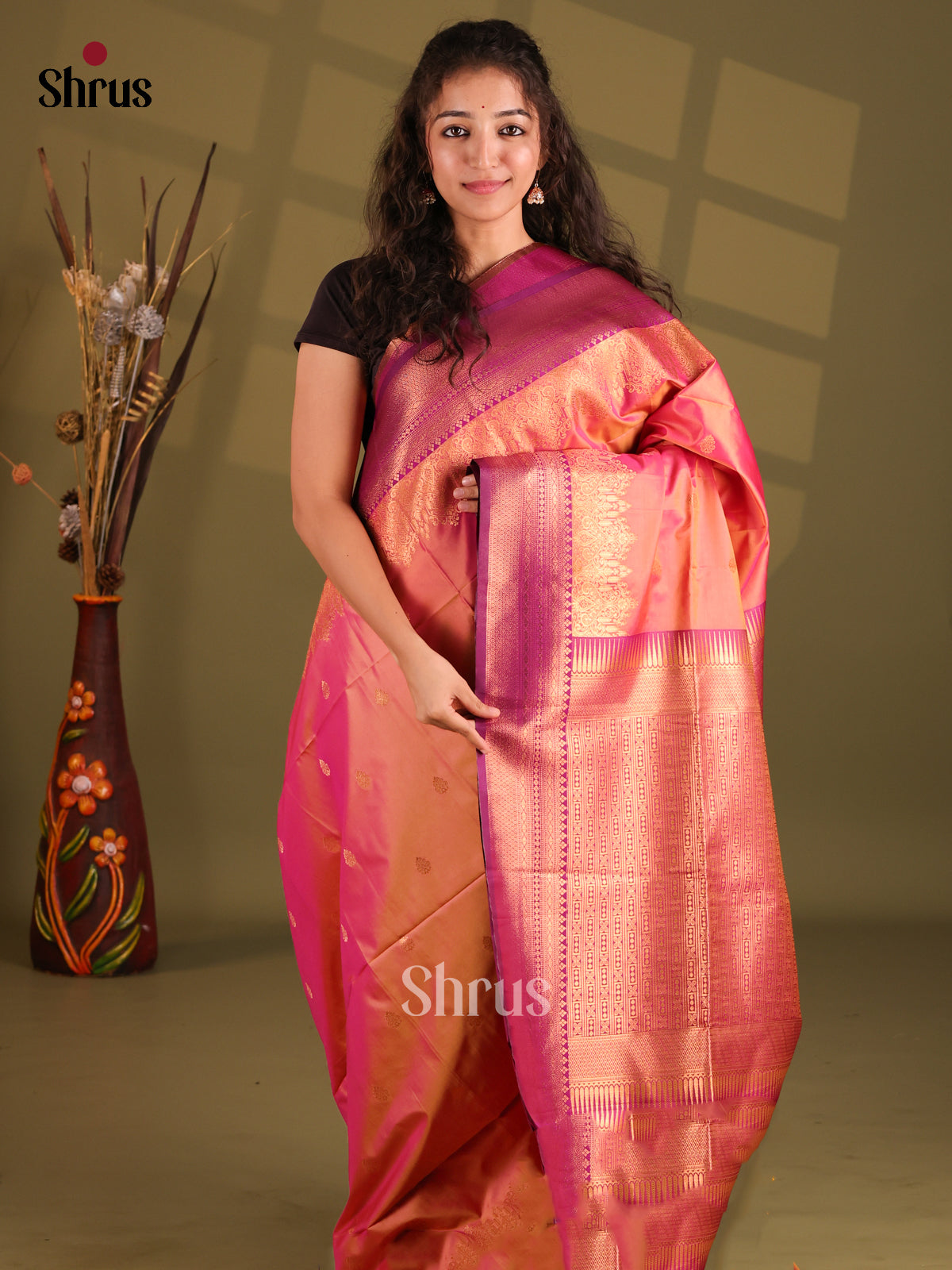 Orangish Pink & Purple - Semi Softsilk Saree - Shop on Shrus.com