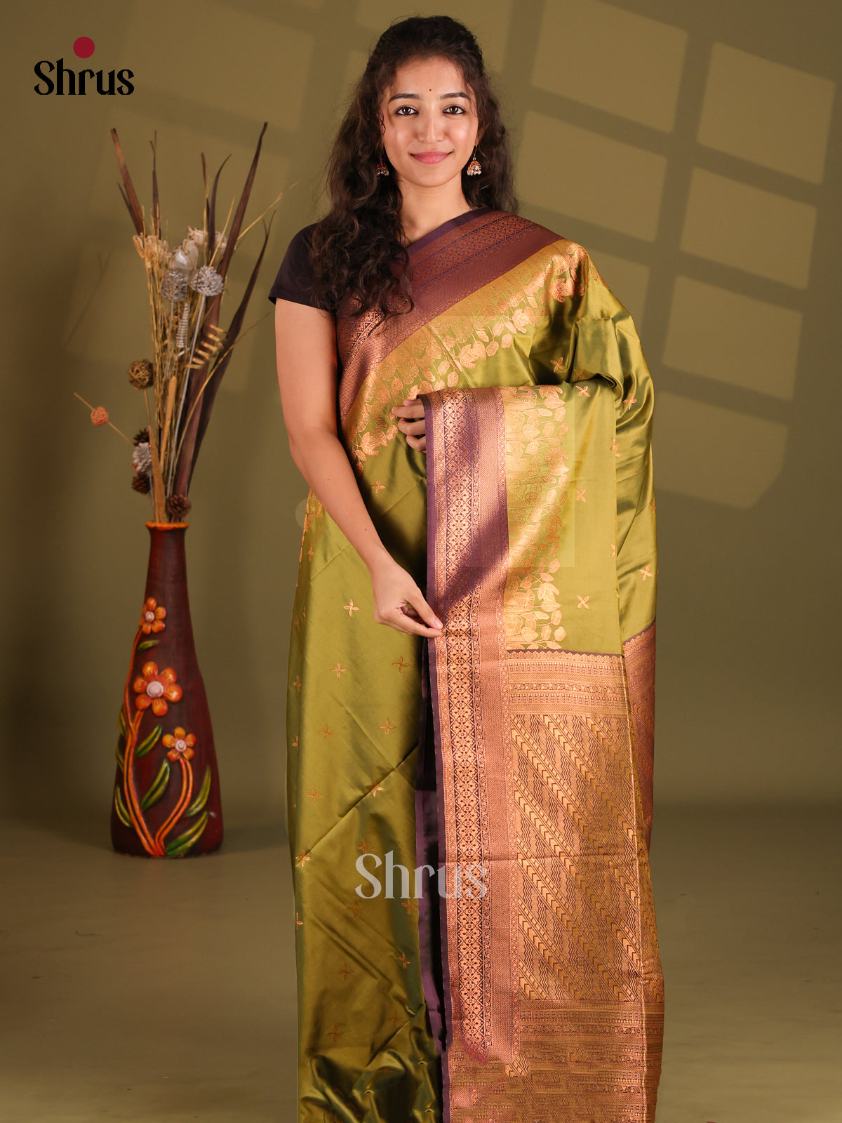 Green & Brown - Semi Softsilk Saree - Shop on Shrus.com
