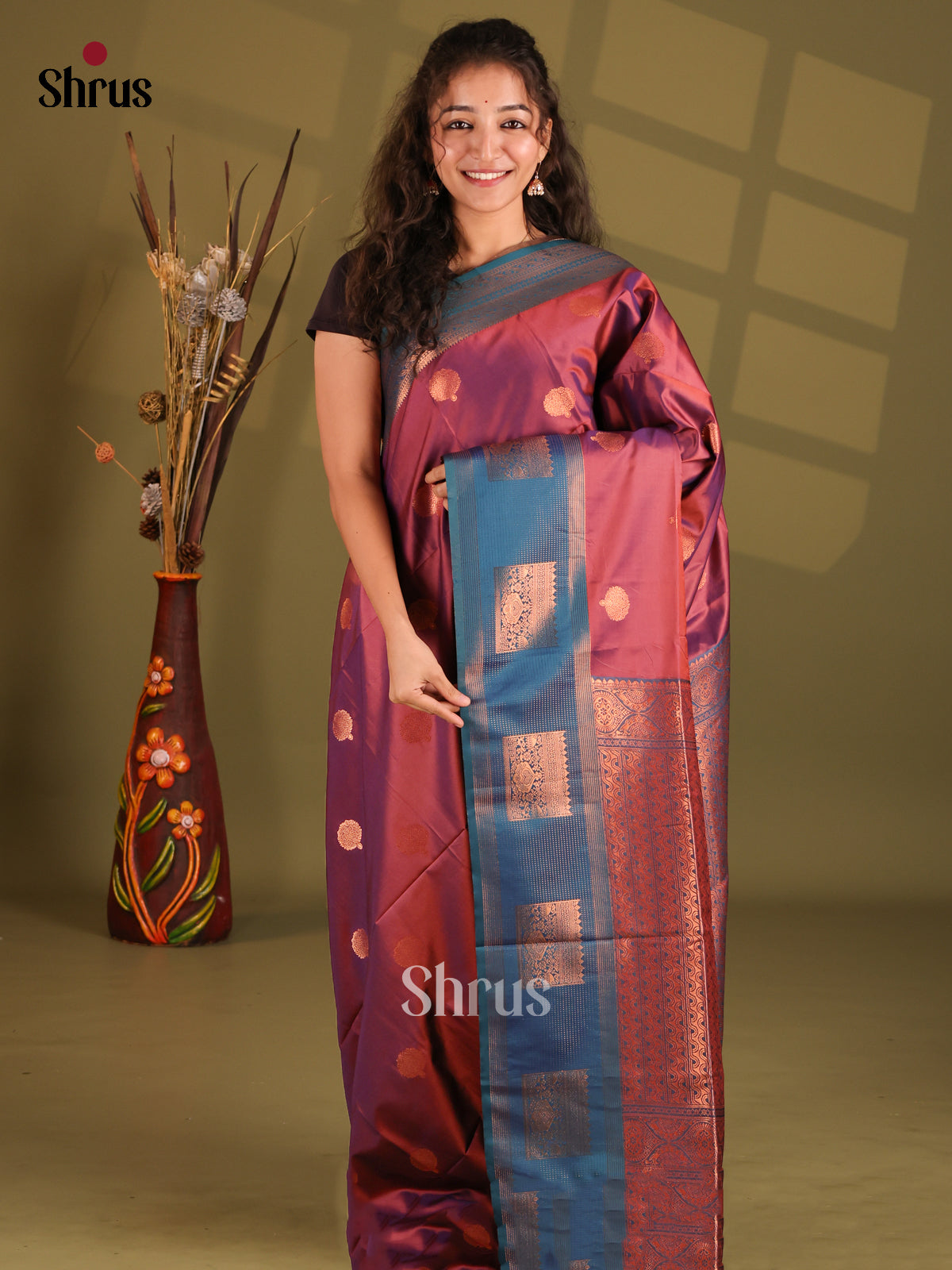 Maroon & Blue - Semi Softsilk Saree - Shop on Shrus.com