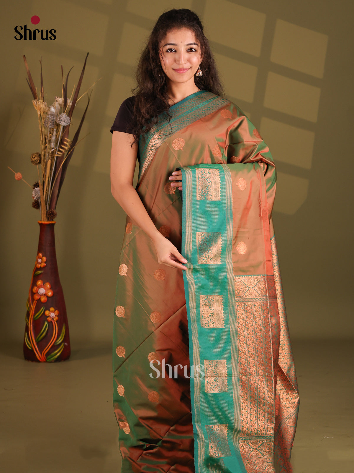 Double Shaded Brown & Green - Semi Softsilk Saree - Shop on Shrus.com