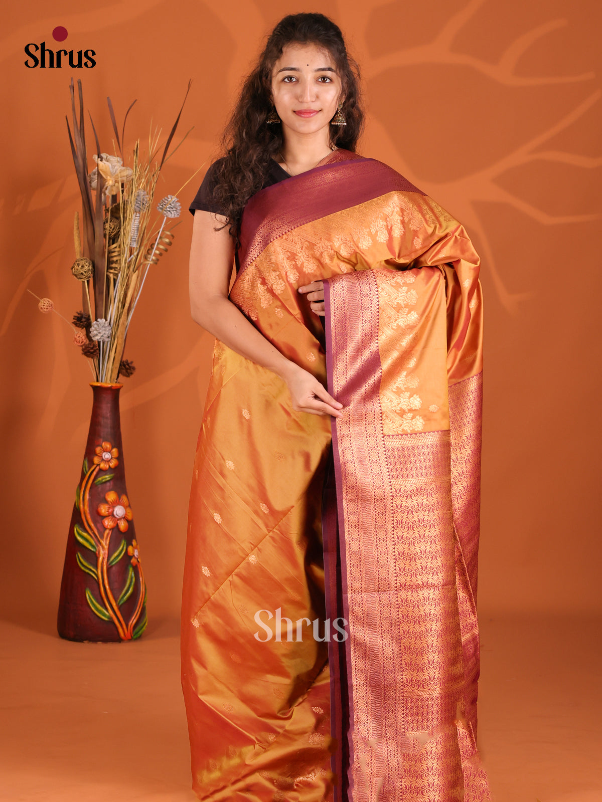 Dark Mustard & Maroon- Semi Softsilk saree - Shop on Shrus.com