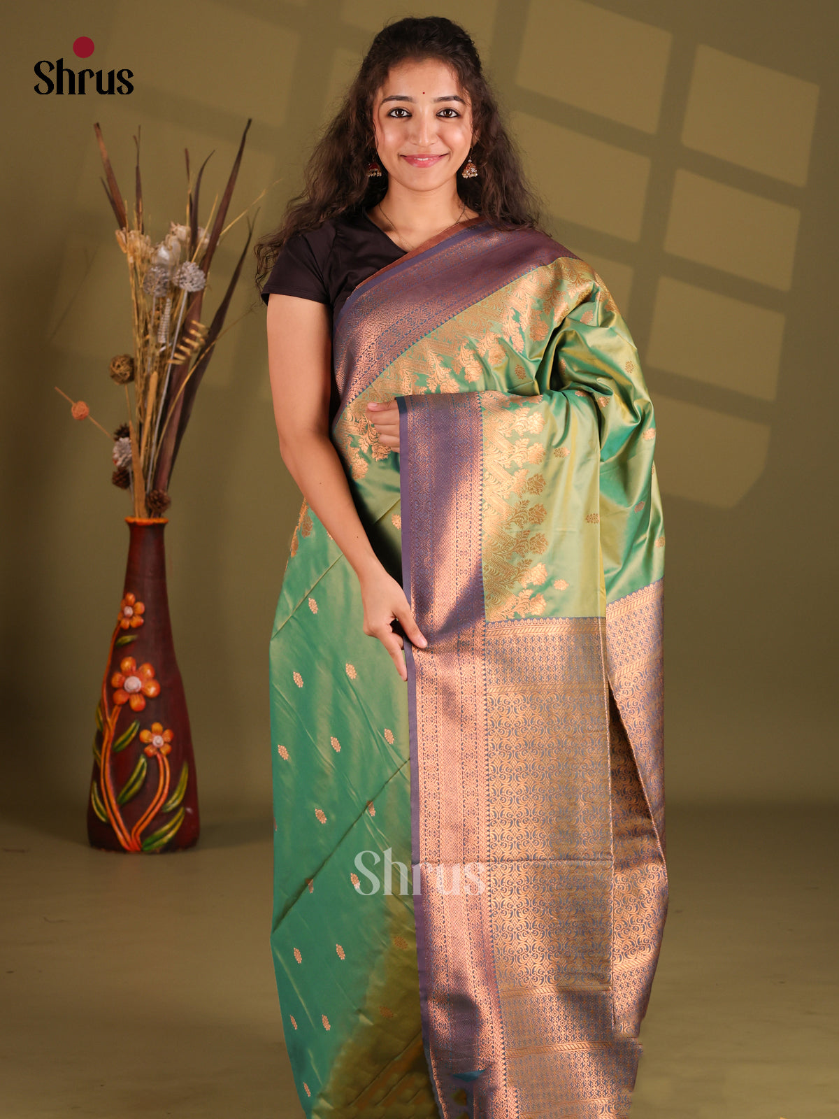 Green & Blue - Semi Softsilk Saree - Shop on Shrus.com